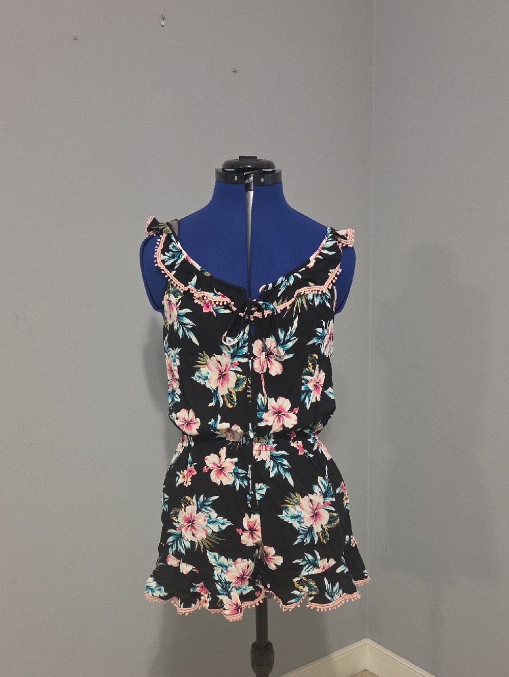 Ocean Drive Black Floral Romper with Pink & Teal Flowers